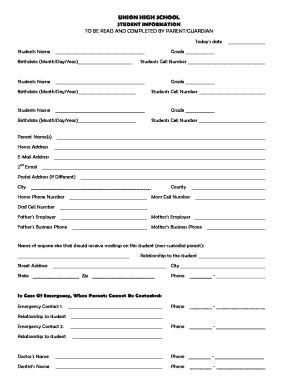 Union High School Student Information Form