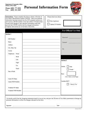 New Jersey Fire Safety Personal Information Form