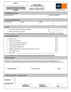 Malta Vehicle License Fee Waiver Application