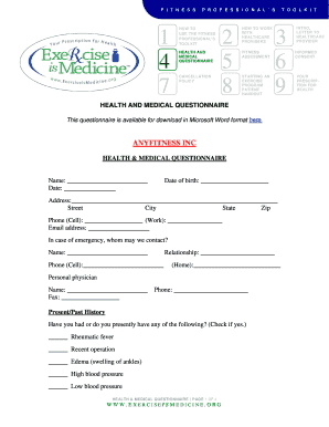 Health and Medical Questionnaire