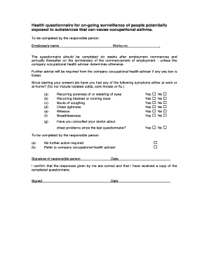 Occupational Asthma Health Questionnaire