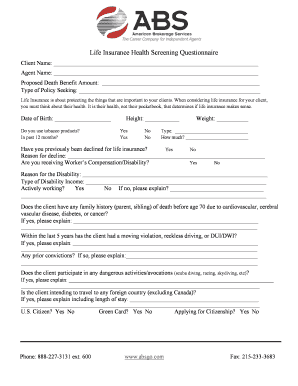 Life Insurance Health Screening Questionnaire