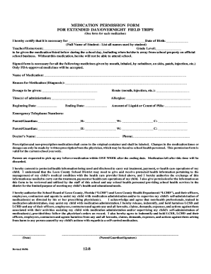 Medication Permission Form for Field Trips