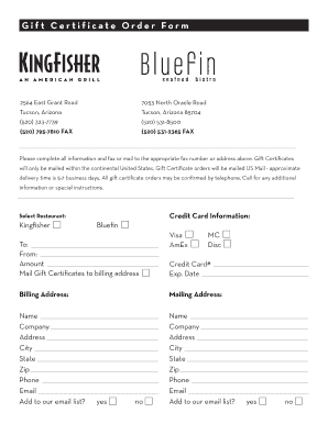 Gift Certificate Order Form