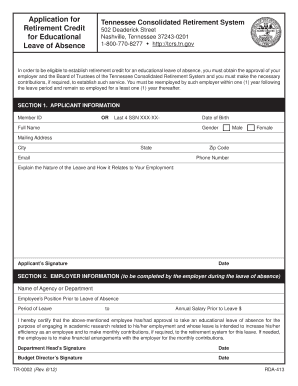 Tennessee Educational Leave of Absence Retirement Credit Application