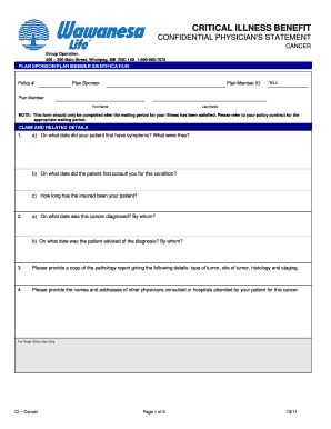 Confidential Physician's Statement for Cancer Claim