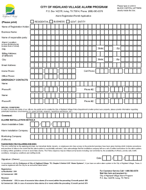 City of Highland Village Alarm Registration Permit Application