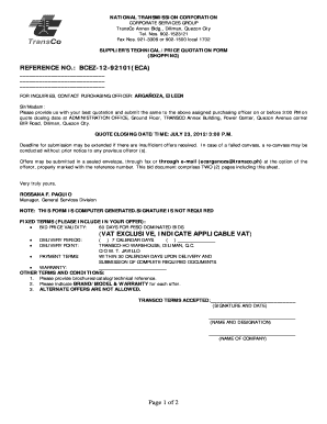 : BCEZ1292101(ECA) FOR INQUIRIES, CONTACT PURCHASING OFFICER: ARGAOZA, EILEEN Sir/Madam: Please provide us with your best quotation and submit the same to the above assigned purchasing officer on or before 3:00 PM on quote closing date at