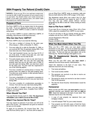 Arizona Form 140PTC Property Tax Refund Claim
