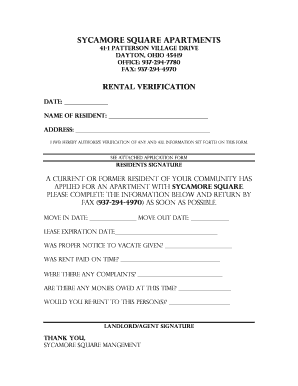 Sycamore Square Rental Verification Form