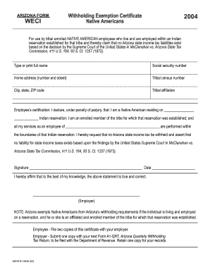 Arizona Native American Withholding Exemption Certificate