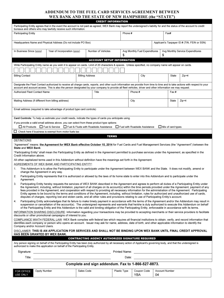 Fillable Online WEX Inc New Hampshire Fuel Card Agreement Addendum