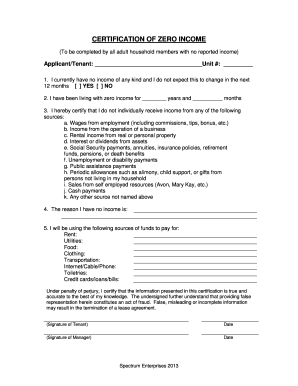 Certification of Zero Income Form