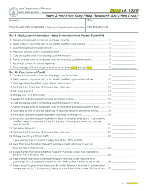 Iowa Alternative Simplified Research Activities Credit Form 128S