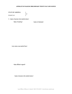 Arizona Preliminary Twenty Day Lien Notice Affidavit