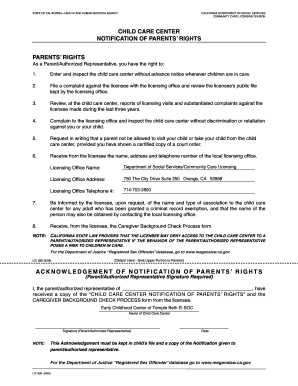 California Child Care Center Notification of Parents' Rights