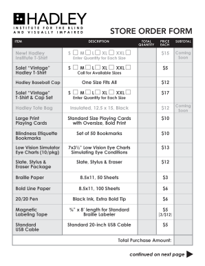 Hadley Institute Store Order Form
