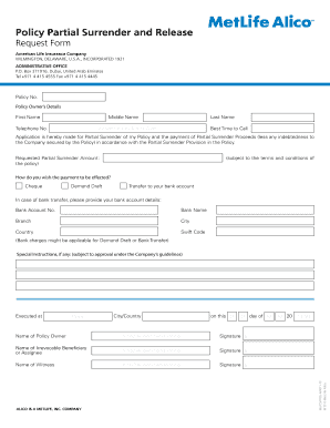 Policy Partial Surrender and Release Request Form