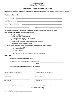 DeVry University Certification Letter Request Form