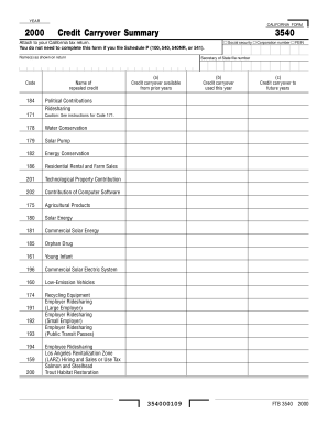 California Credit Carryover Summary Form 3540