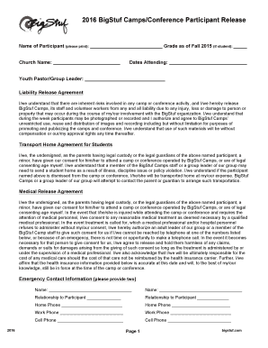 Parental consent form for church activities - 2016 BigStuf Consent Form