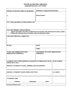 South Carolina Motor Vehicle Subpoena