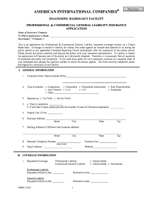 Professional & Commercial General Liability Insurance Application