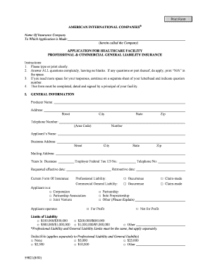 Application for Healthcare Facility Insurance