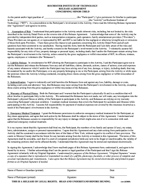 Rochester Institute of Technology Minor Child Release Agreement
