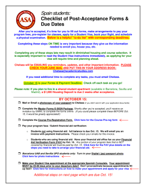 Formboard checklist printable pdf - Spain students Checklist of Post-Acceptance Forms Due Dates