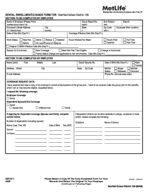 Dental Enrollment Form for Deerfield School District 109