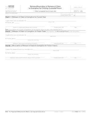 Form 8332 Release/Revocation of Claim to Exemption for Child