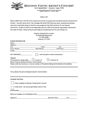 Donation Form for Houston Young Artist's Concert