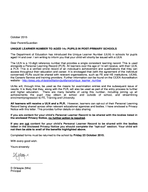 Unique Learner Number Notice for Parents