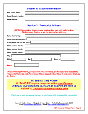 Academic Studies Abroad Transcript Address Form