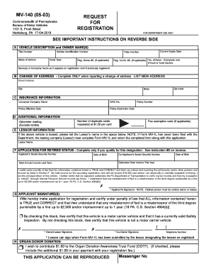 Pennsylvania Vehicle Registration Form MV-140