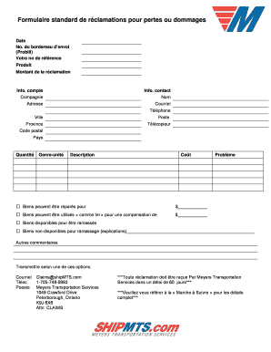 Formulaire standard de réclamations pour pertes ou dommages