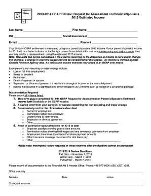 OSAP Request for Assessment on Parent’s/Spouse’s 2013 Estimated Income