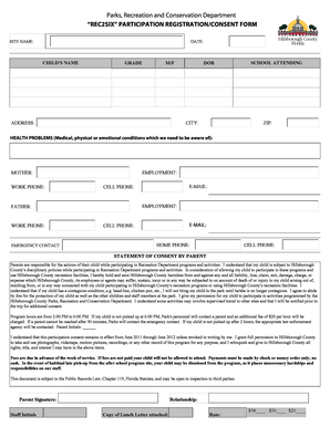 Hillsborough County Recreation Participation Registration/Consent Form