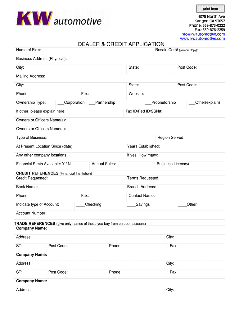 Fillable Online Dealer amp credit bapplicationb Belltech Fax Email