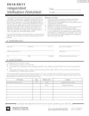 Vanguard University Financial Aid Verification Worksheet