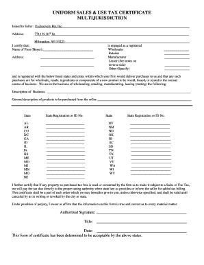 Multi-Jurisdiction Sales and Use Tax Certificate