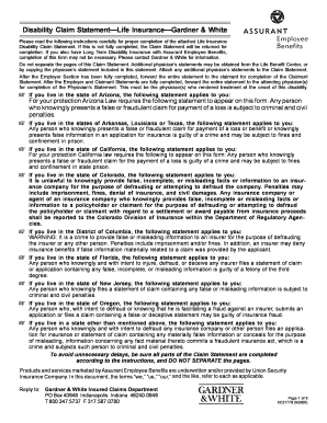 Disability Claim Statement for Life Insurance