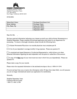 Kaiser Permanente Disabled Dependent Enrollment Application