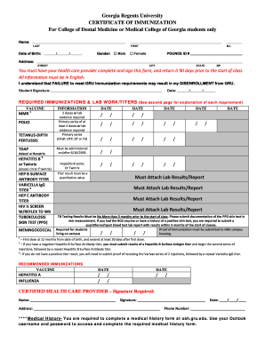 Georgia Regents University Immunization Certificate