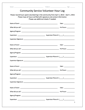 Community Service Volunteer Hour Log