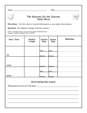 Reasons for the Seasons Student Data Sheet