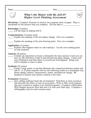 Jell-O Science Higher Level Thinking Assessment