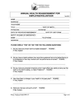 Annual Health Reassessment Form for Employee/Volunteer