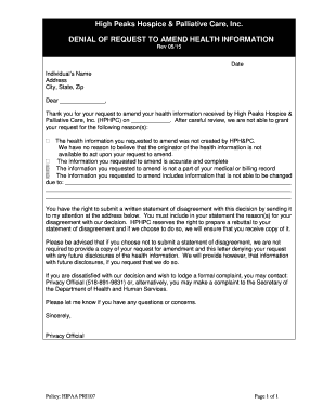 HIPAA Health Information Amendment Denial Letter